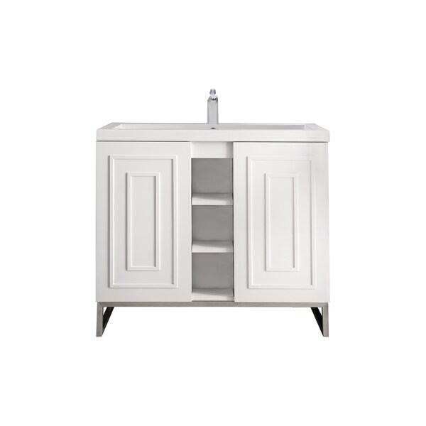 James Martin Vanities Alicante 39.5in Single Vanity, Glossy White, Brushed Nickel w/ White Glossy Composite Stone Top E110V39.5GWBNKWG - main